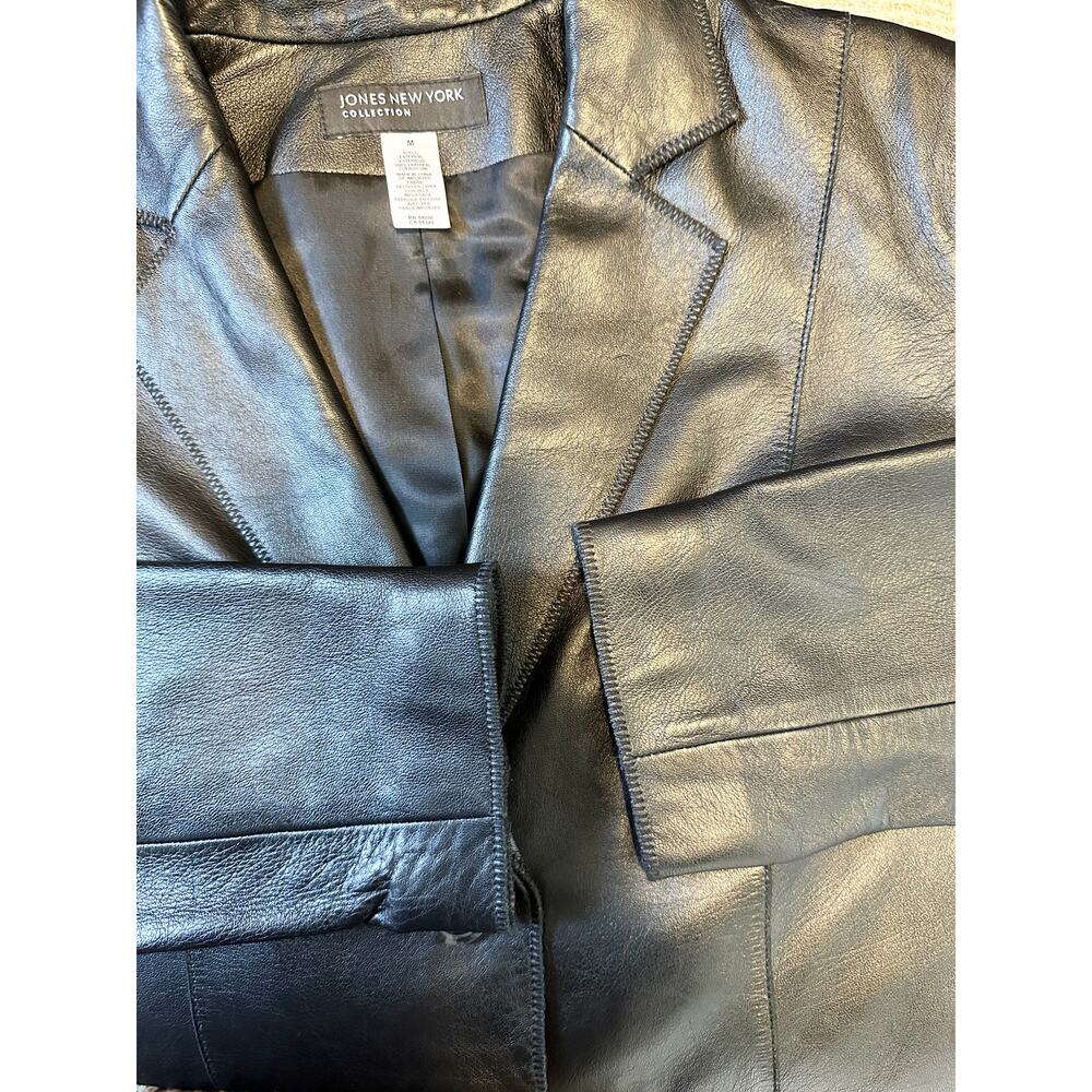 Vintage Y2K 100% Leather Black Blazer Two Button Up Minimalist Jacket Medium - Picture 11 of 12